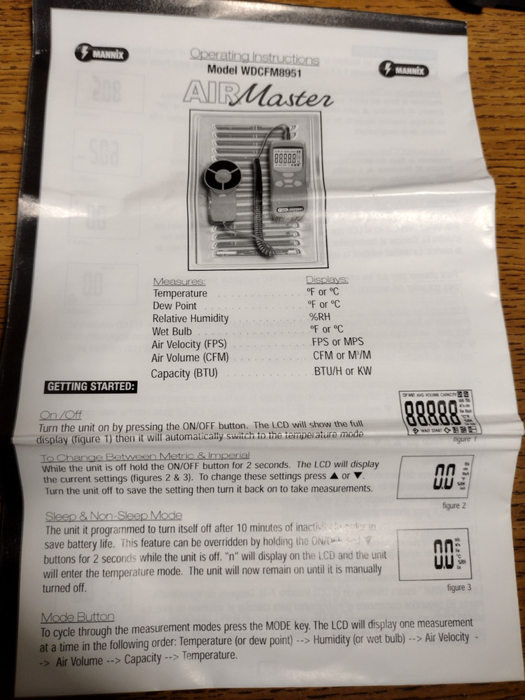 Mannix Air Master Model WDFCM8951 Digital Air Flow Meter (UNTESTED) (READ DESCRI