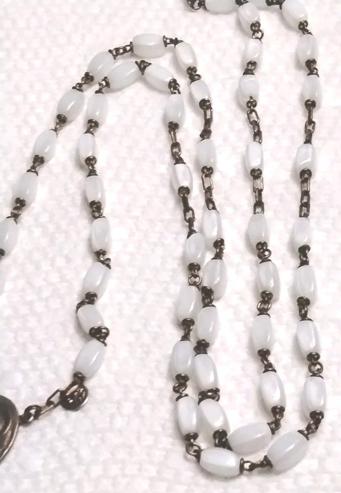 Antique White Glass Bead Rosary 1930's-40's Original Condition Italy