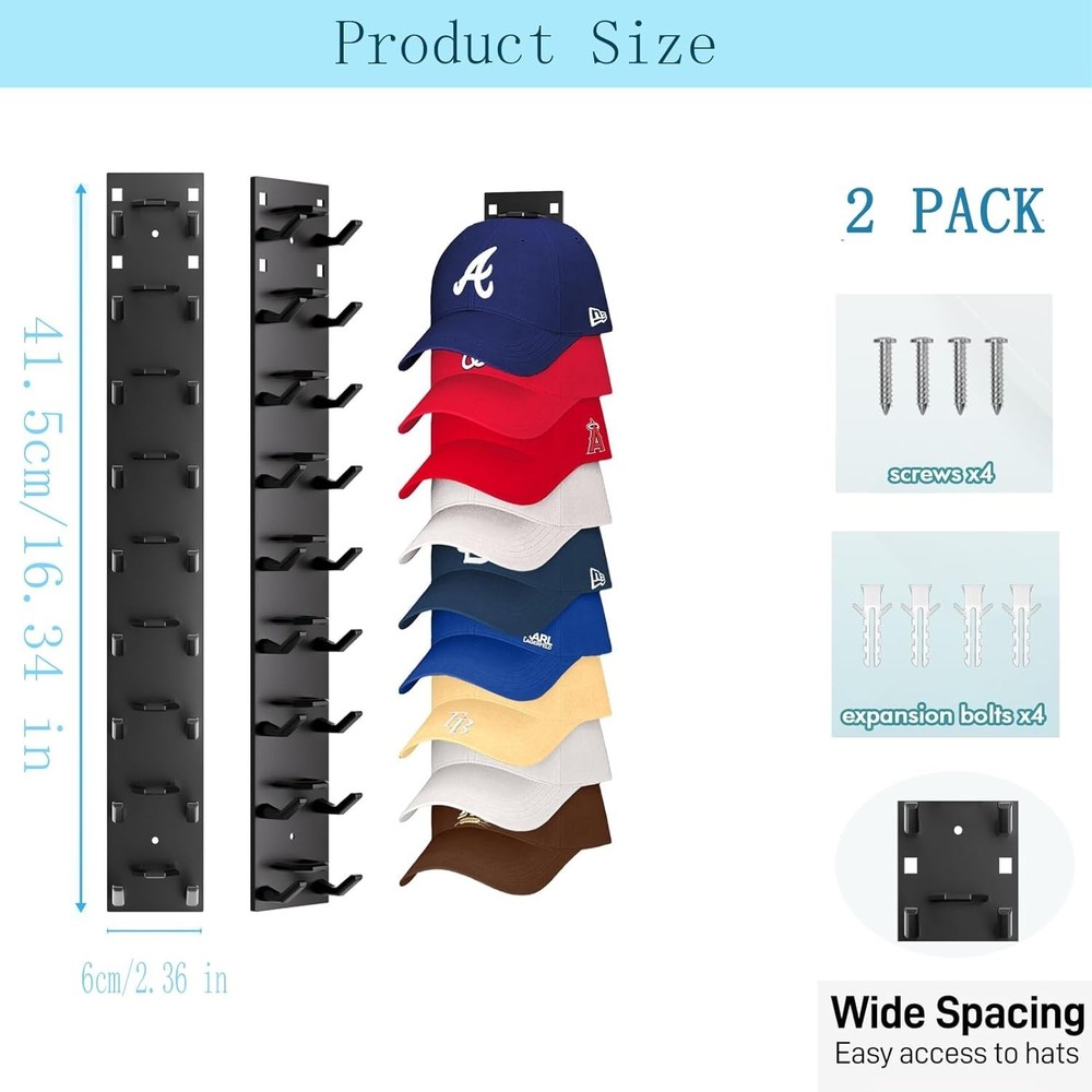 2 Pack Hat Organizer for Baseball Caps, Hat Rack for Wall with Strong Adhesive H