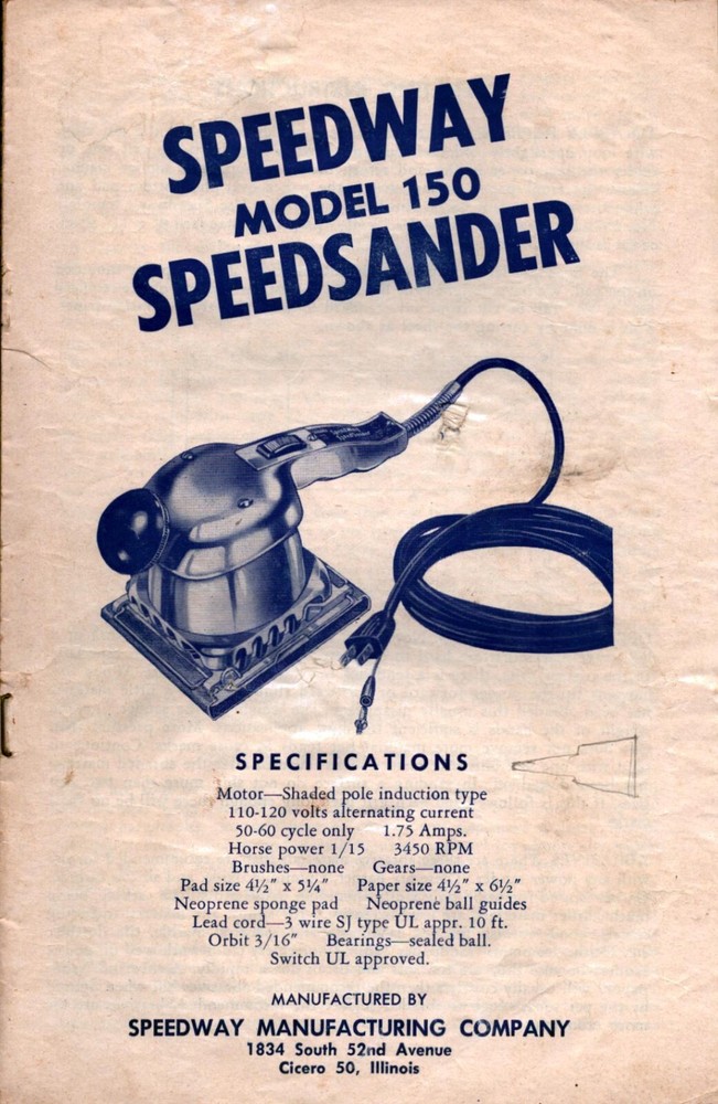 1950s  Speedway Model 150 Speedsander  Booklet Brochure