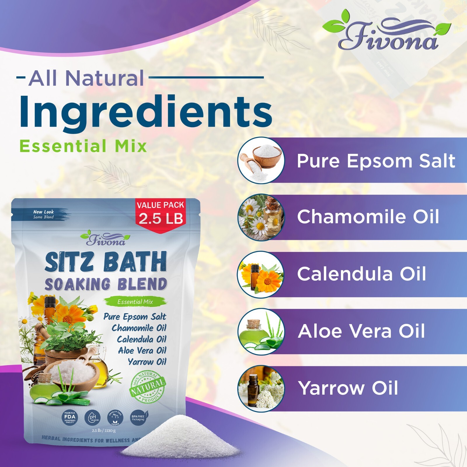 Fivona 40oz Epsom Salt Sitz Bath Soak Blend for Hemorrhoids and Postpartum Care