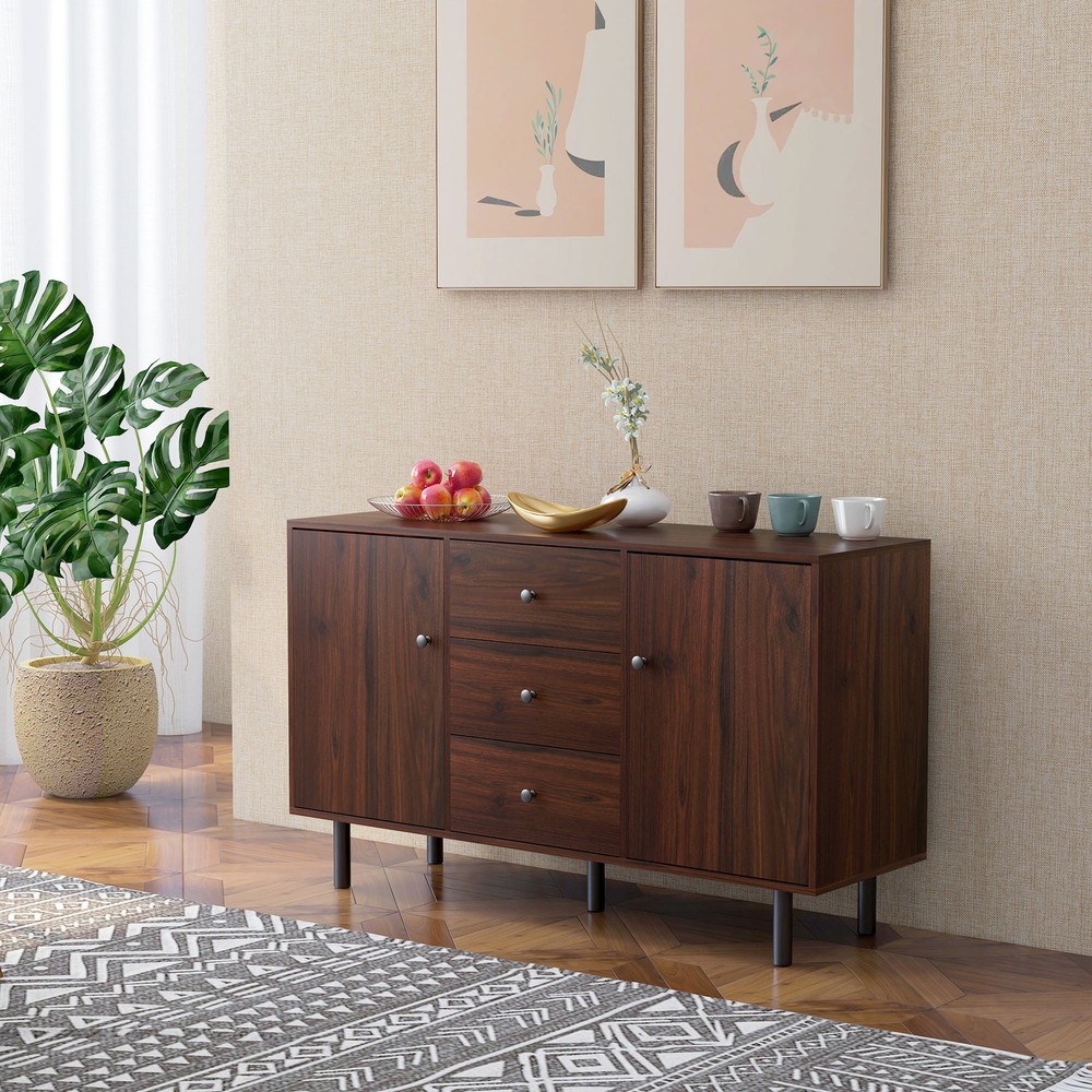 Retro Sideboard with 2 Cabinets 3 Drawers, Buffet Table Rustic Brown
