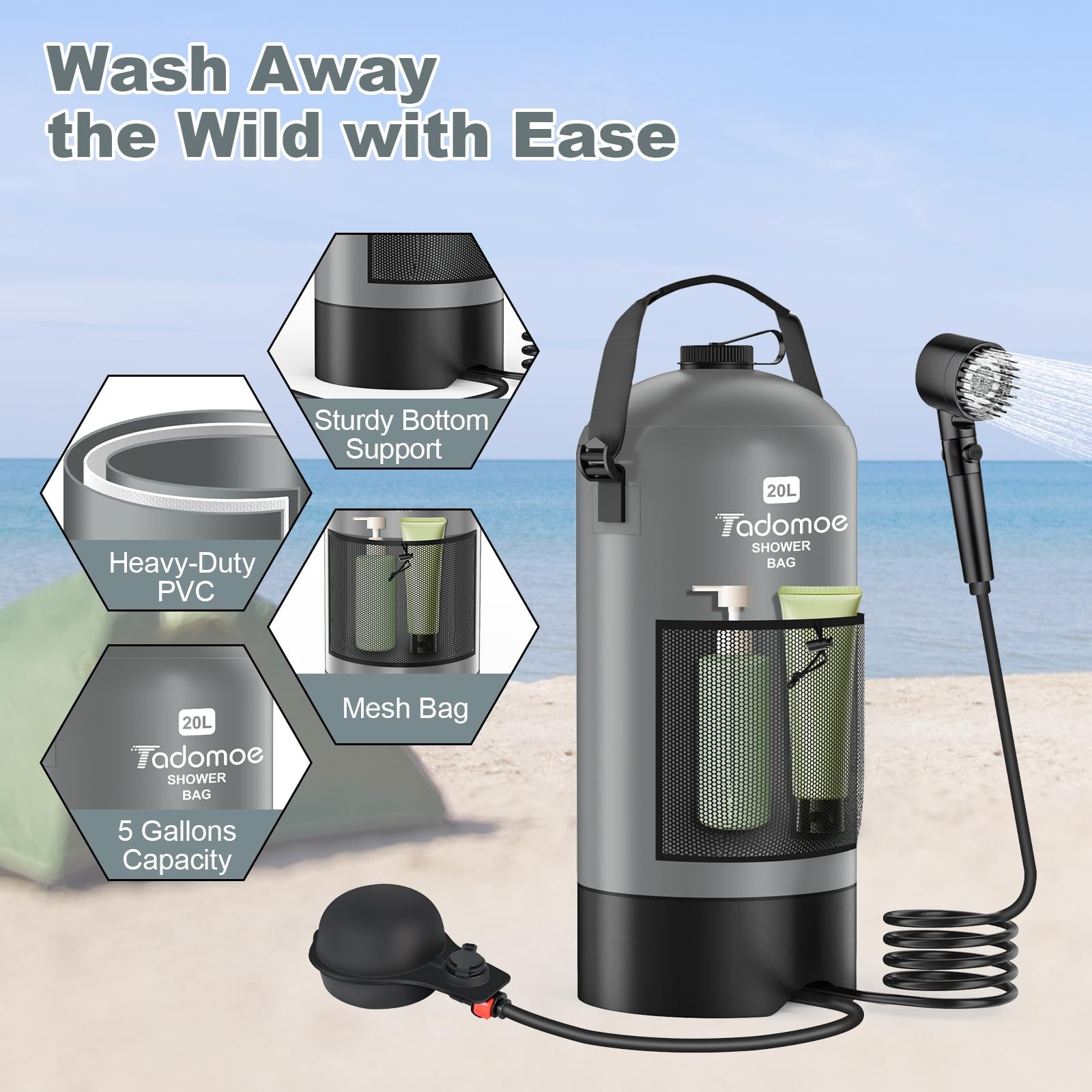 Portable Shower for Camping, 5 Gal/20 L Solar Heating Camping Shower Bag with...