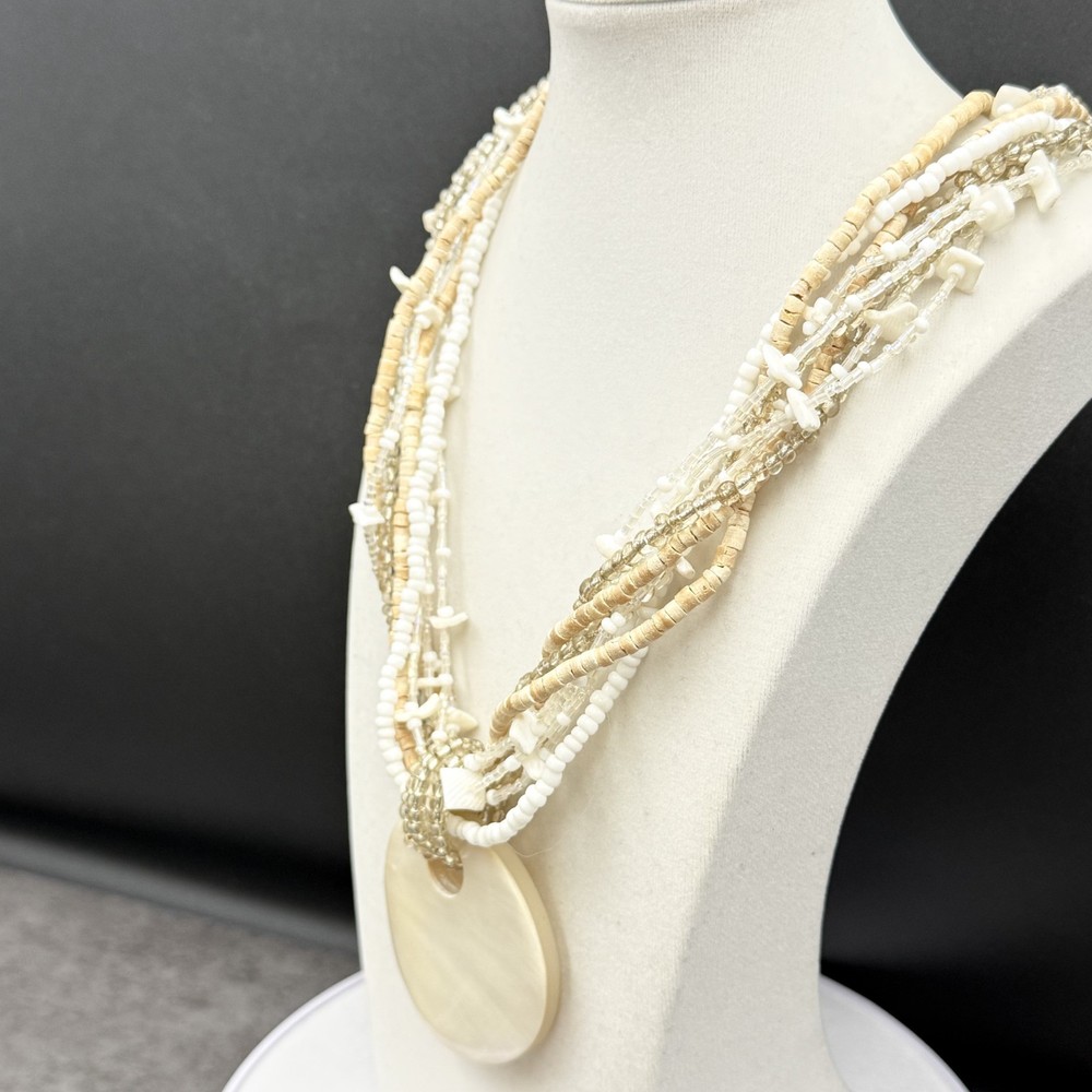 Vintage Cream Shell Disc Multi-Strand Bead Necklace Boho Statement