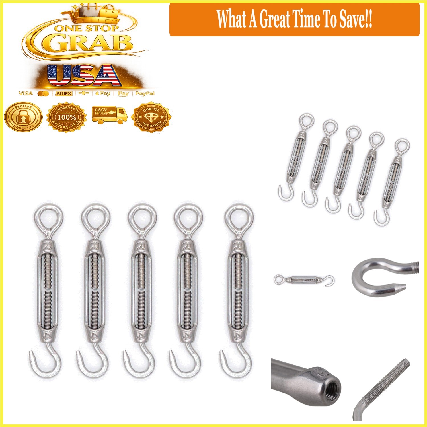 5pcs M4 Stainless Steel Turnbuckle Wire Rope Tension Hook Eye