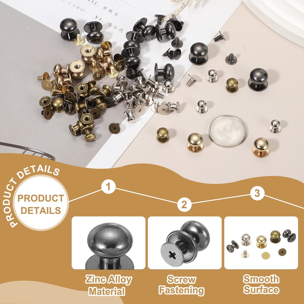 20Set 10mm Leather Rivets Ball Head Stud Screw Back Round Head Button Black