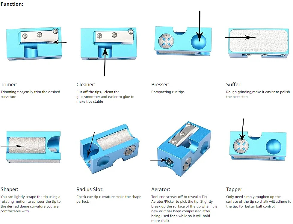 8 Way Cue Tip Repair Tool with Replacement Blade