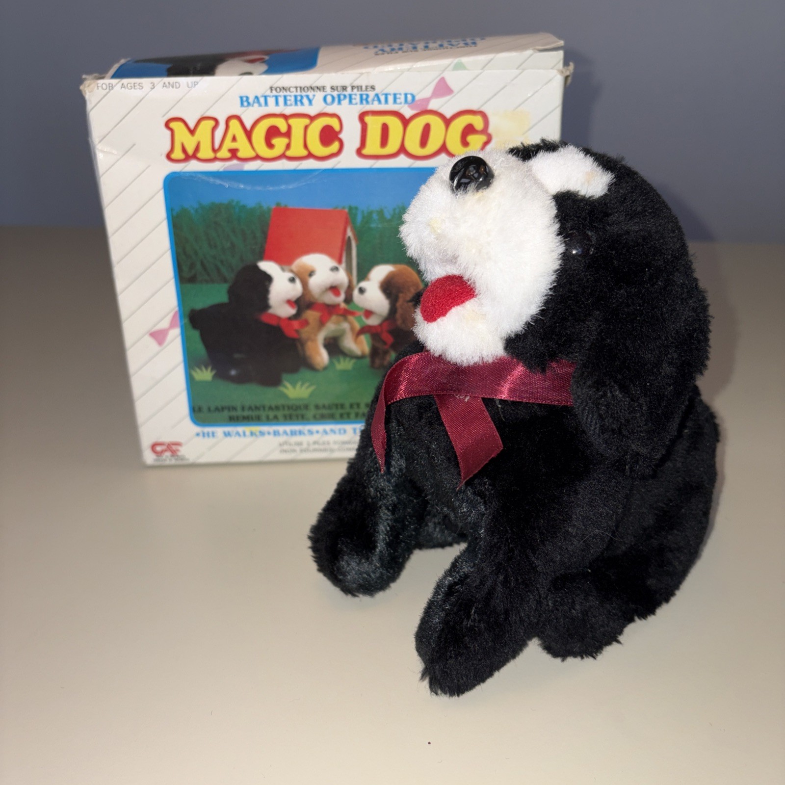 Vintage 1990s Flipping Toy Dog Back Flips Barks Walks Animatronic Not Work w/box