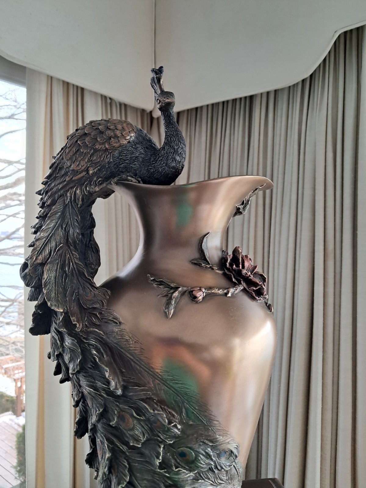 Bronze Style Prunus And Peacock Large Decorative Flower Vase ~ 19.5" Signed