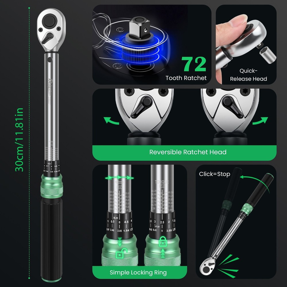 3/8'' Drive 5-60N.m Precise Double Scale Torque Wrench Set Bike Socket Spanner