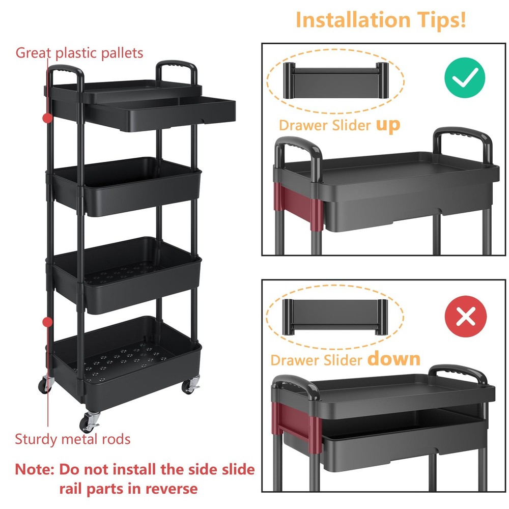 4-Tier Rolling Utility Cart with Drawer Multifunctional Storage Organizer