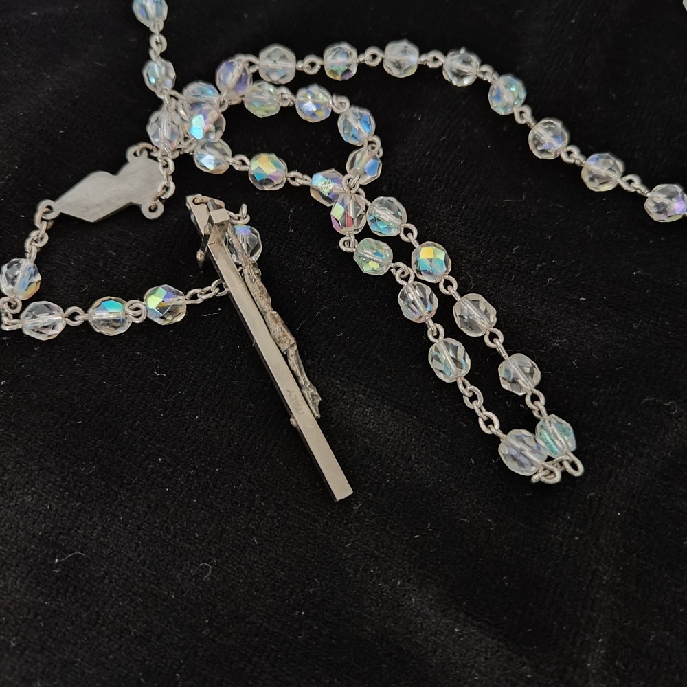 VINTAGE ROSARY, AURORA BOREALIS CLEAR BEADS, 30", ITALY