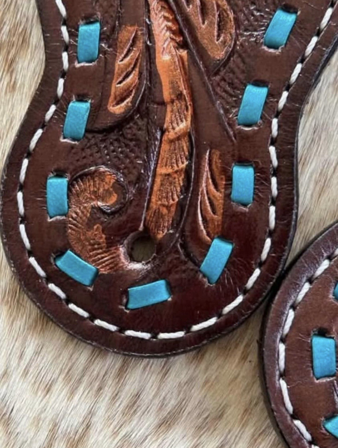 Ladies Size Pair Leather Teal Buckstitch Western Spur Straps