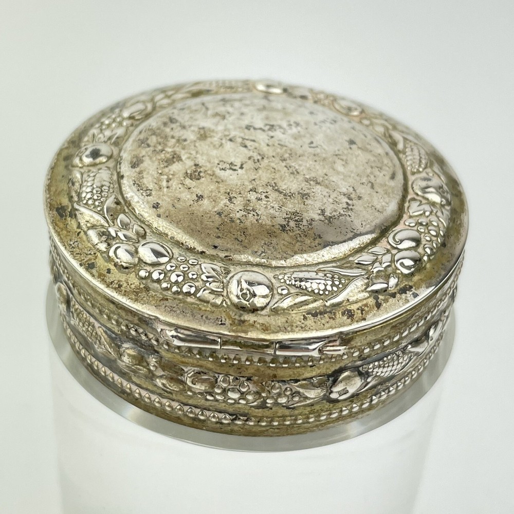 Antique Probably German Solid 800 Silver Trinket Box Fruit & Veg Scroll 4.2cm