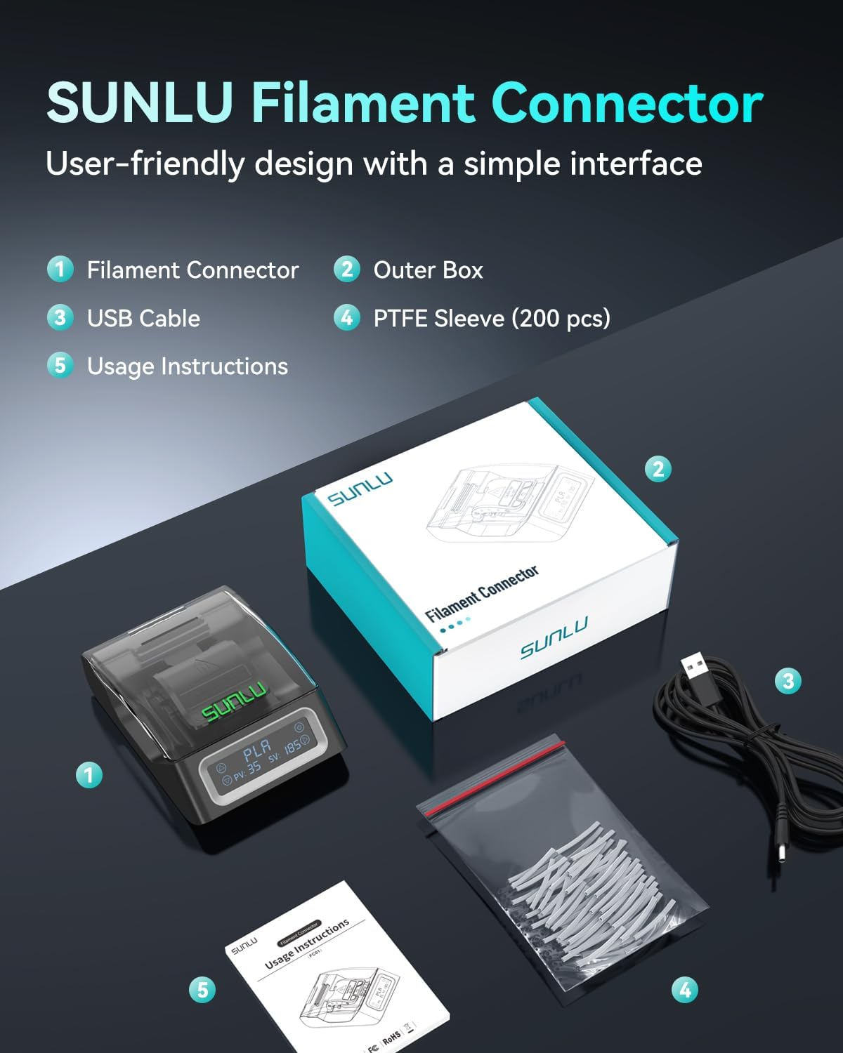 SUNLU FC01 Filament Connector for 1.75mm PLA/PETG/ABS Filaments With 400pcs PTFE