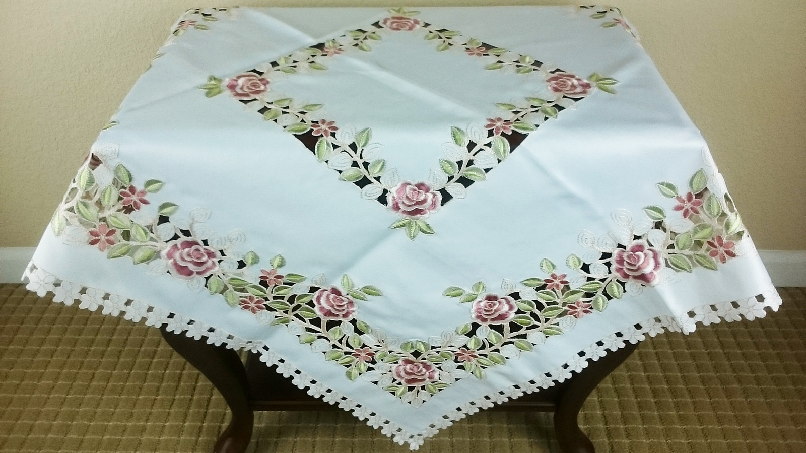 Ivory Cream Embroidered Rose Cutwork 33" Square Polyester Tablecloth Table Cover