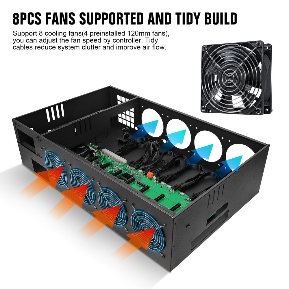 ETH BTC Mining Rig Case 8 GPU Ports Mining Frame W/ Mining Motherboard CPU RAM