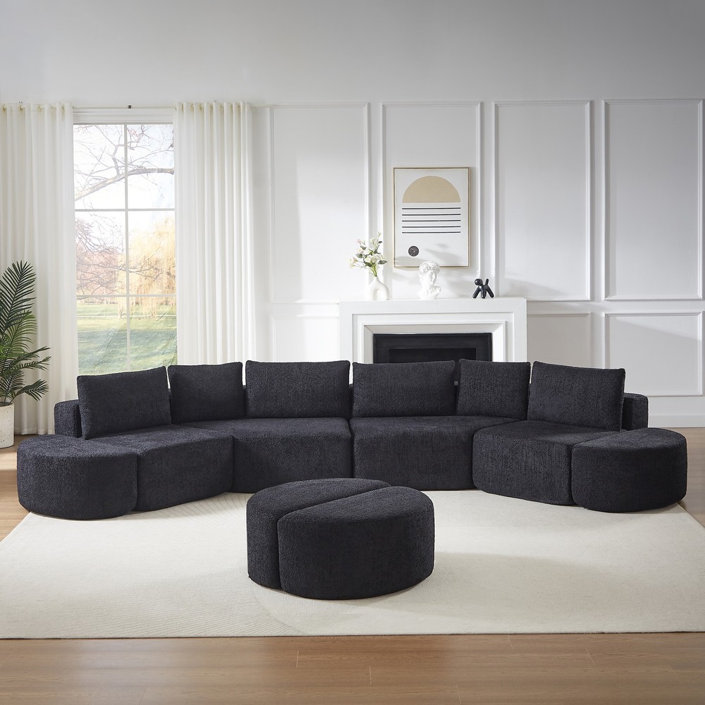 Modular sofa set in chenille fabric, featuring six decorative pillows and four