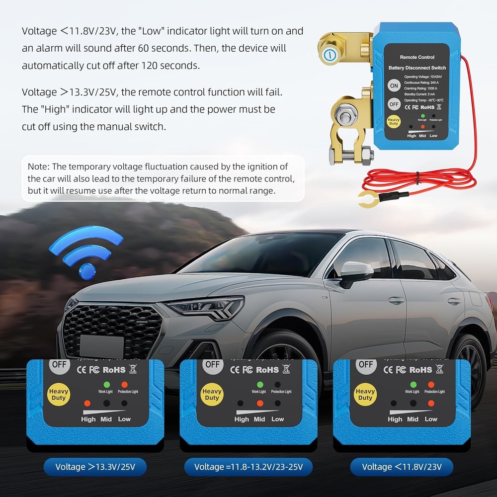 Kill Switch 12V 240A Remote Battery Disconnect Switch Automatic Power Shut off S