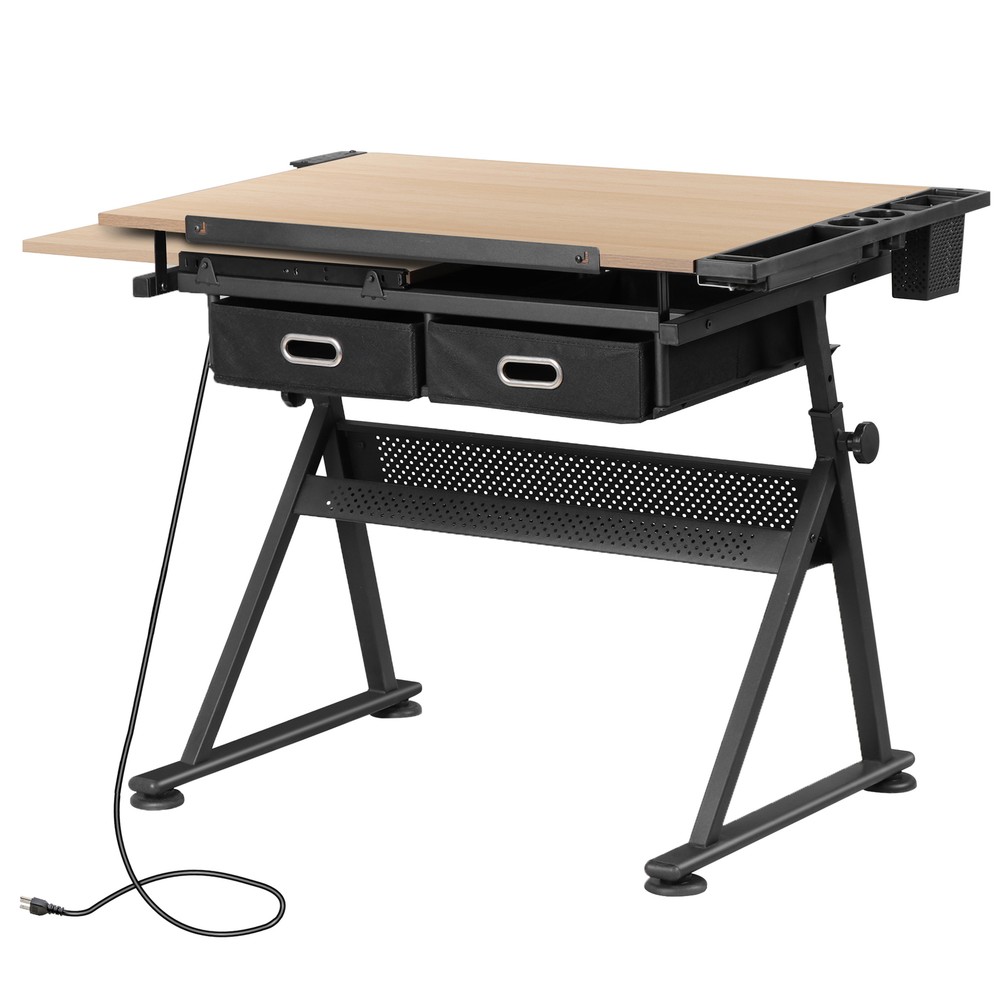 Adjustable Drafting Drawing Table Tiltable Tabletop w/ Stool & Outlet Natural