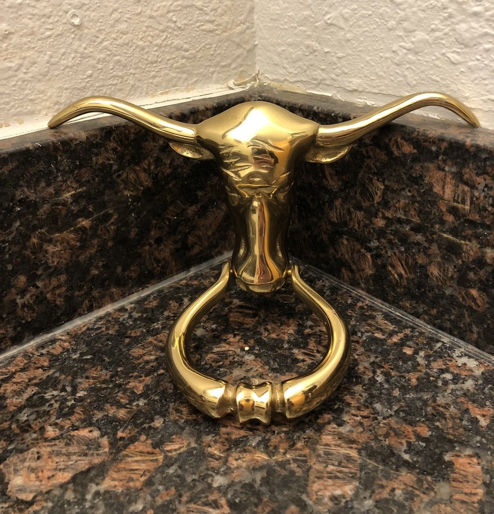 Rare CMC Solid Brass Longhorn Steer Head Door Knocker Handle VTG E854-2