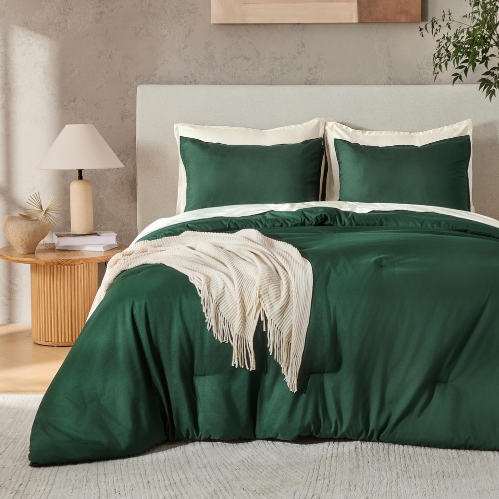 Andency Dark Emerald Green Full Size Comforter Set, 3 Pieces Boho Solid Forest