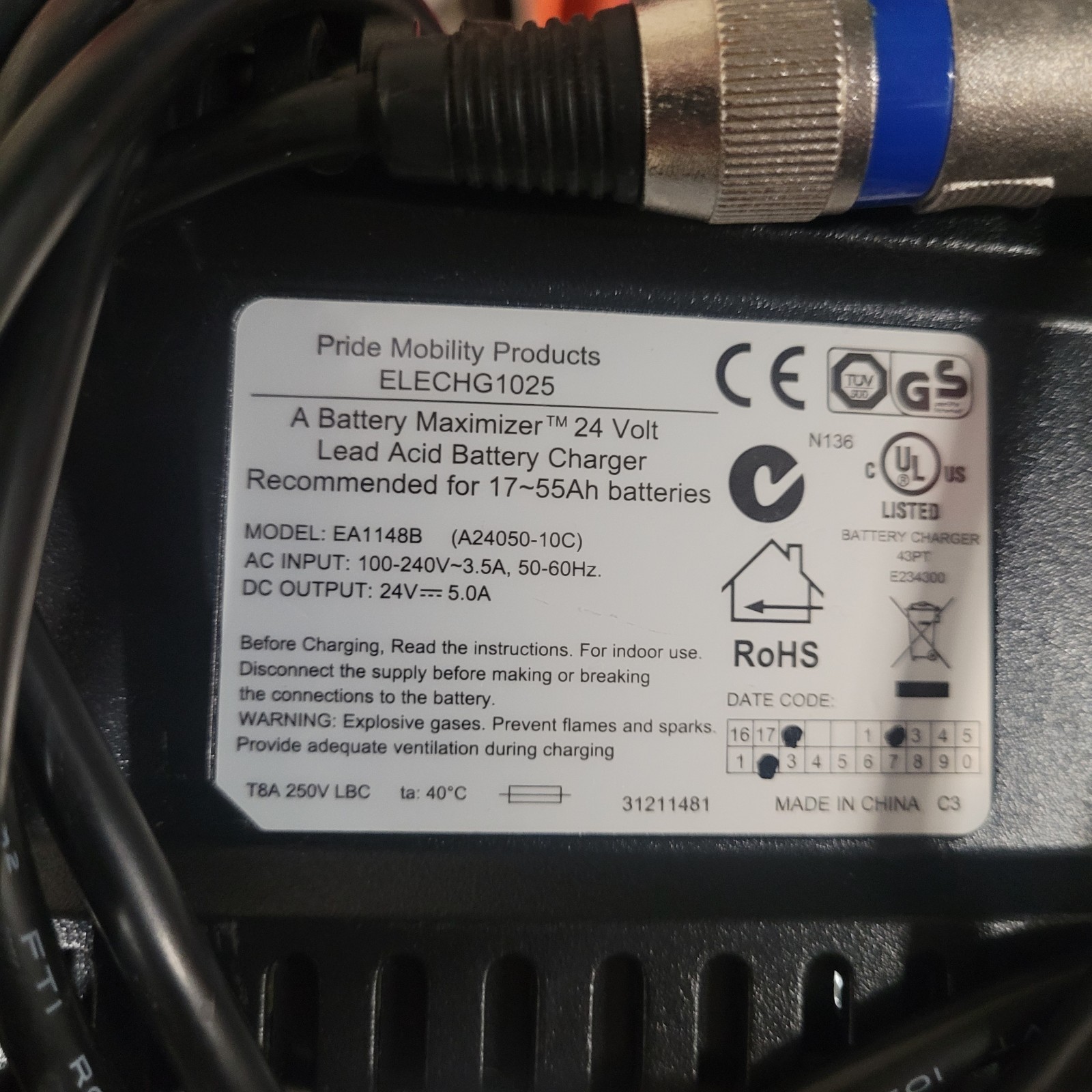 Pride Mobility ELECHG1025 EA1148B 24V Lead Acid Battery Charger Black