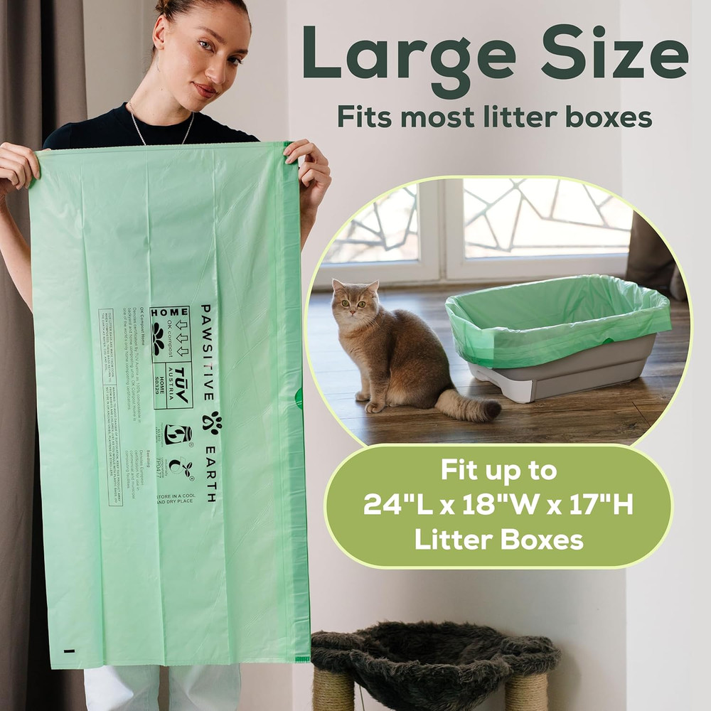 Cat Litter Box Liners 100% Compostable - Drawstring Close - 6 Count - Jumbo Size