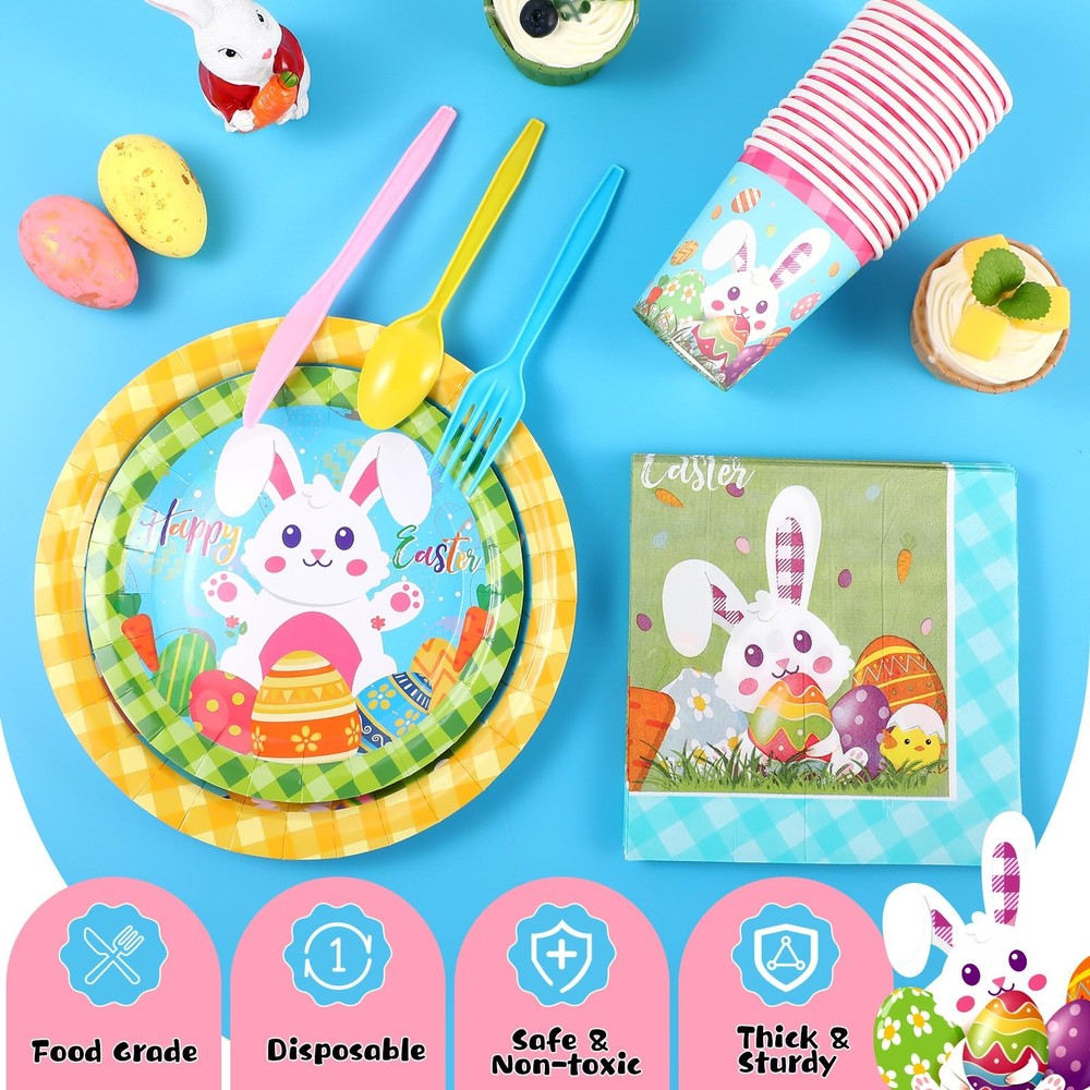 171 Pcs Happy Easter Party Supplies Disposable Easter Tableware Set with Bunn...