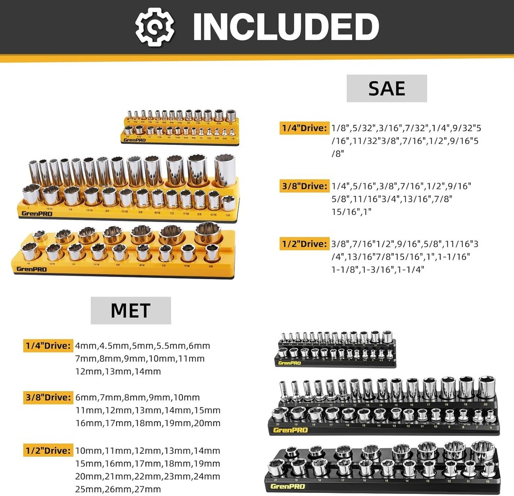 Socket Organizer for Tool Box Drawer, 6pc 143 Metric & SAE Magnetic Socket Holde