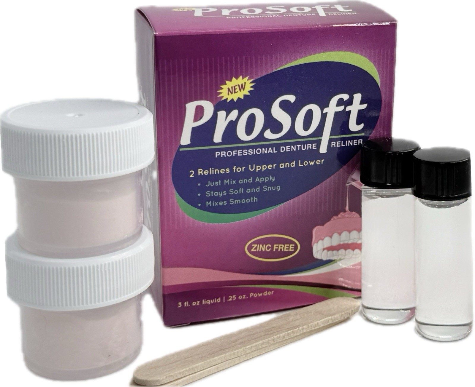 ProSoft Soft Denture Reline Kit Zinc-Free Liner-2 Reliners-Easy DIY At Home USA