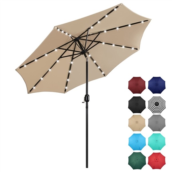 9FT Patio Umbrella Market Umbrella w/ 32 LED Lights & Push Button Tilt & Crank
