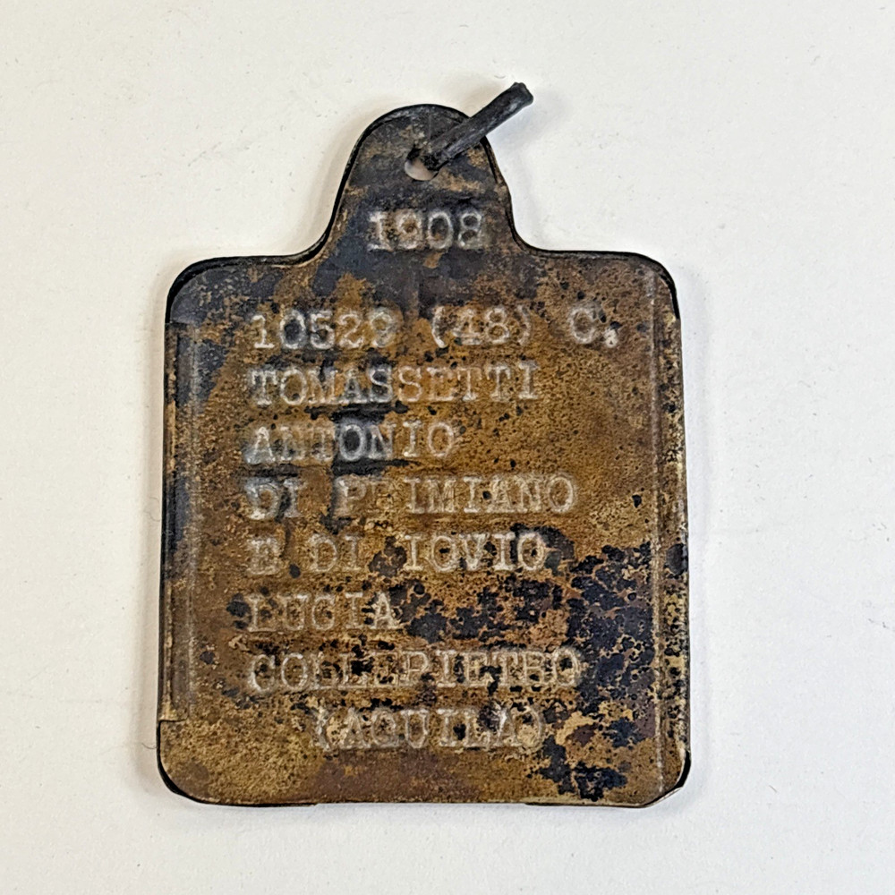 WW1 Italian Army dog ID Tag 1908 Tomassetti Antonio Collepietro (Aquila) 49B85