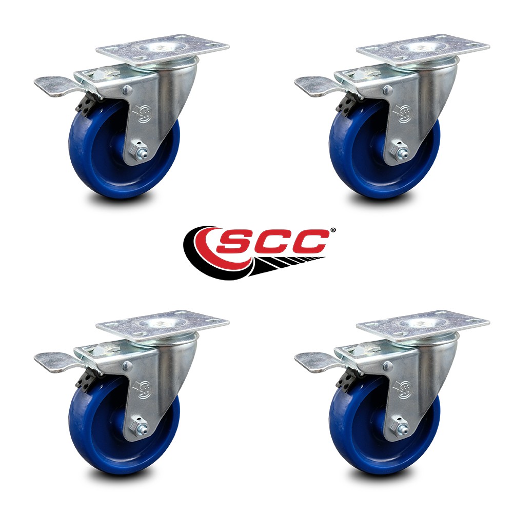 4 Inch Solid Polyurethane Swivel Top Plate Caster Set with Total Lock Brake SCC