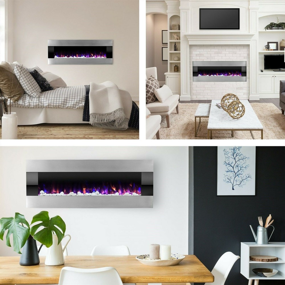 54" Electric Fireplace Wall Mounted Adjustable Heat Remote Backlight Color Timer