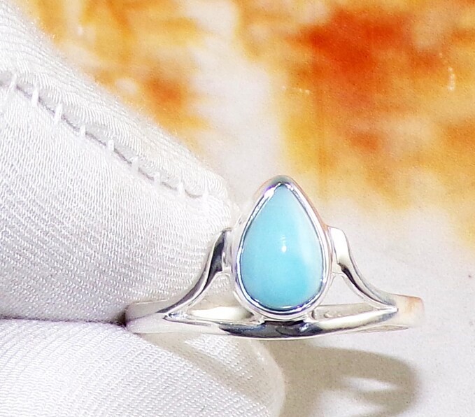 Solid 925Sterling Silver Natural Larimar Pear Blue Gemstone Handmade Womens Ring