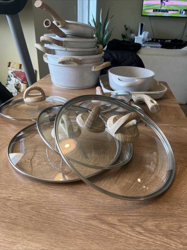 14-Piece Speckled Beige Masterclass Premium Cookware Set.