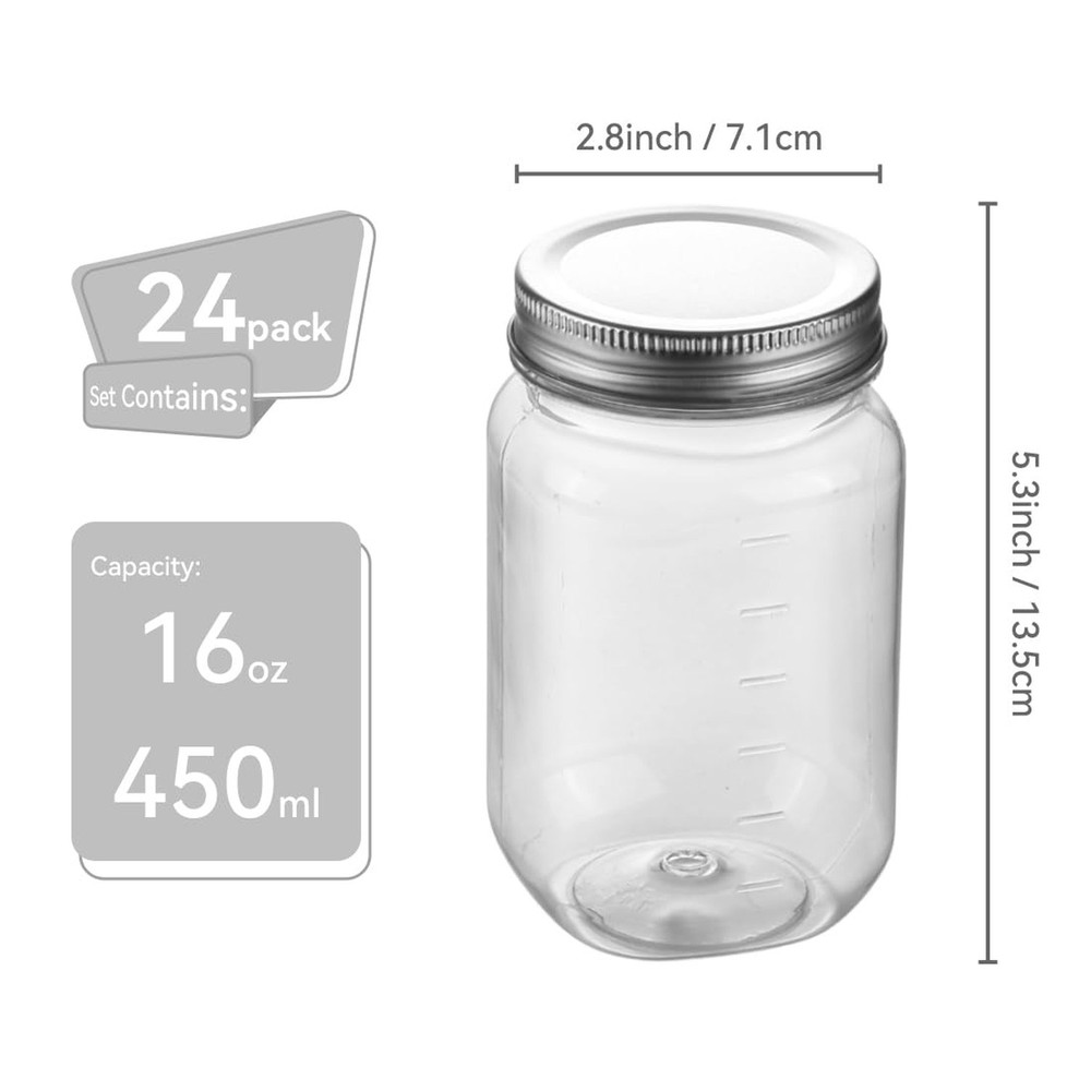 16 OZ Mason Jars Plastic Clear Storage Containers with Lids Empty Refillable ...