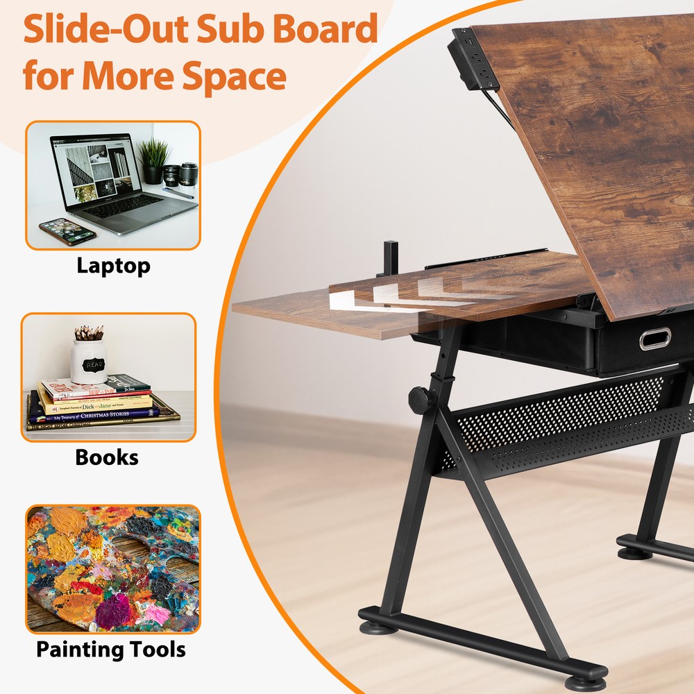 Adjustable Drafting Table & Stool Set Artist Desk with Charging Station Retro