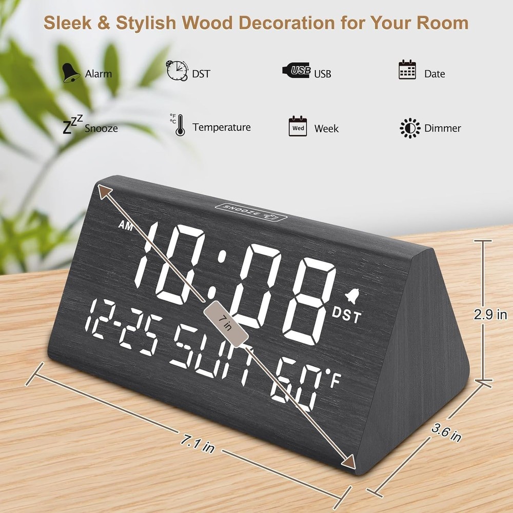 Versatile USB Wooden Alarm Clock with Adjustable Volume & Brightness Control