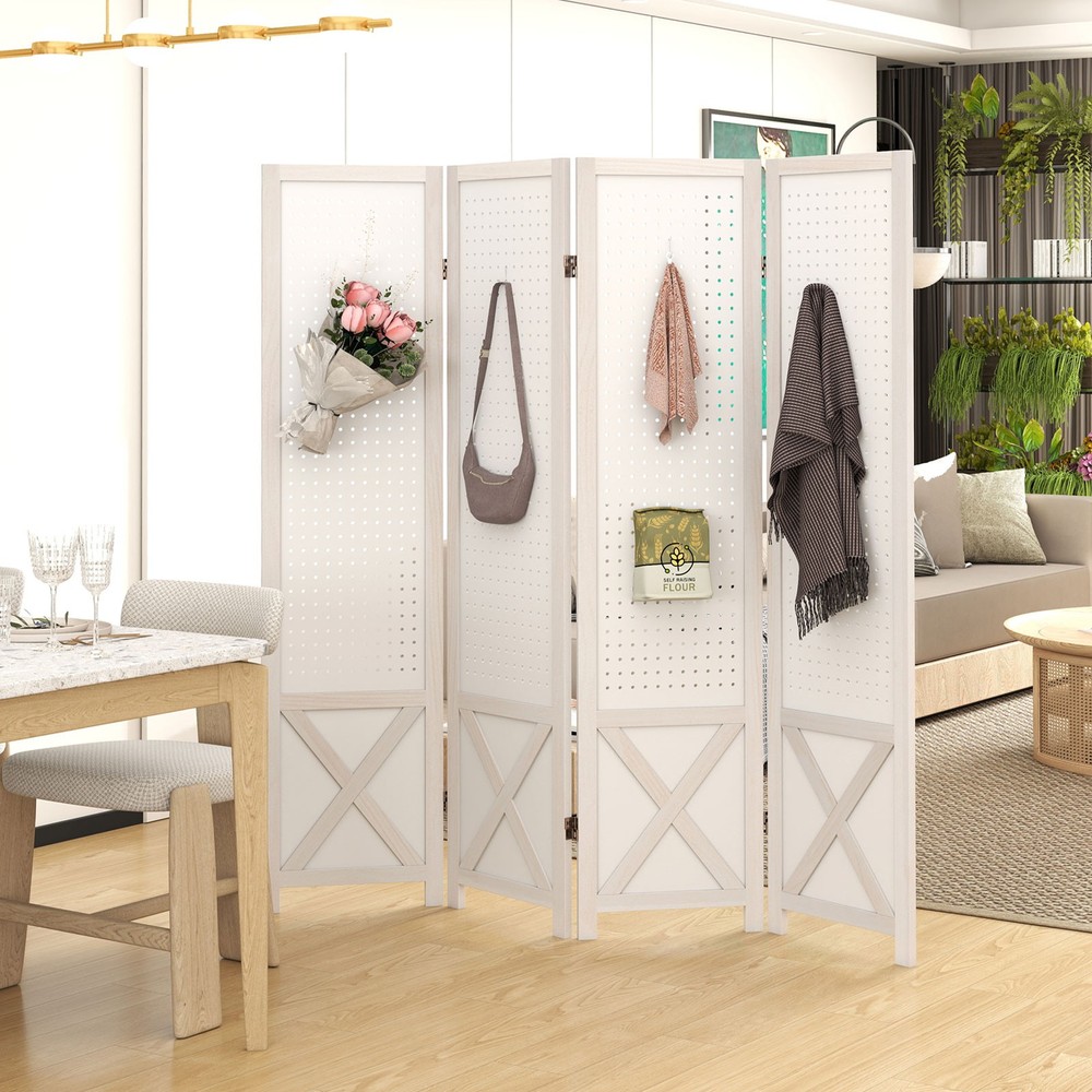4-Panel Pegboard Room Divider, 67" Tall Foldable Privacy Screen, For Home, White