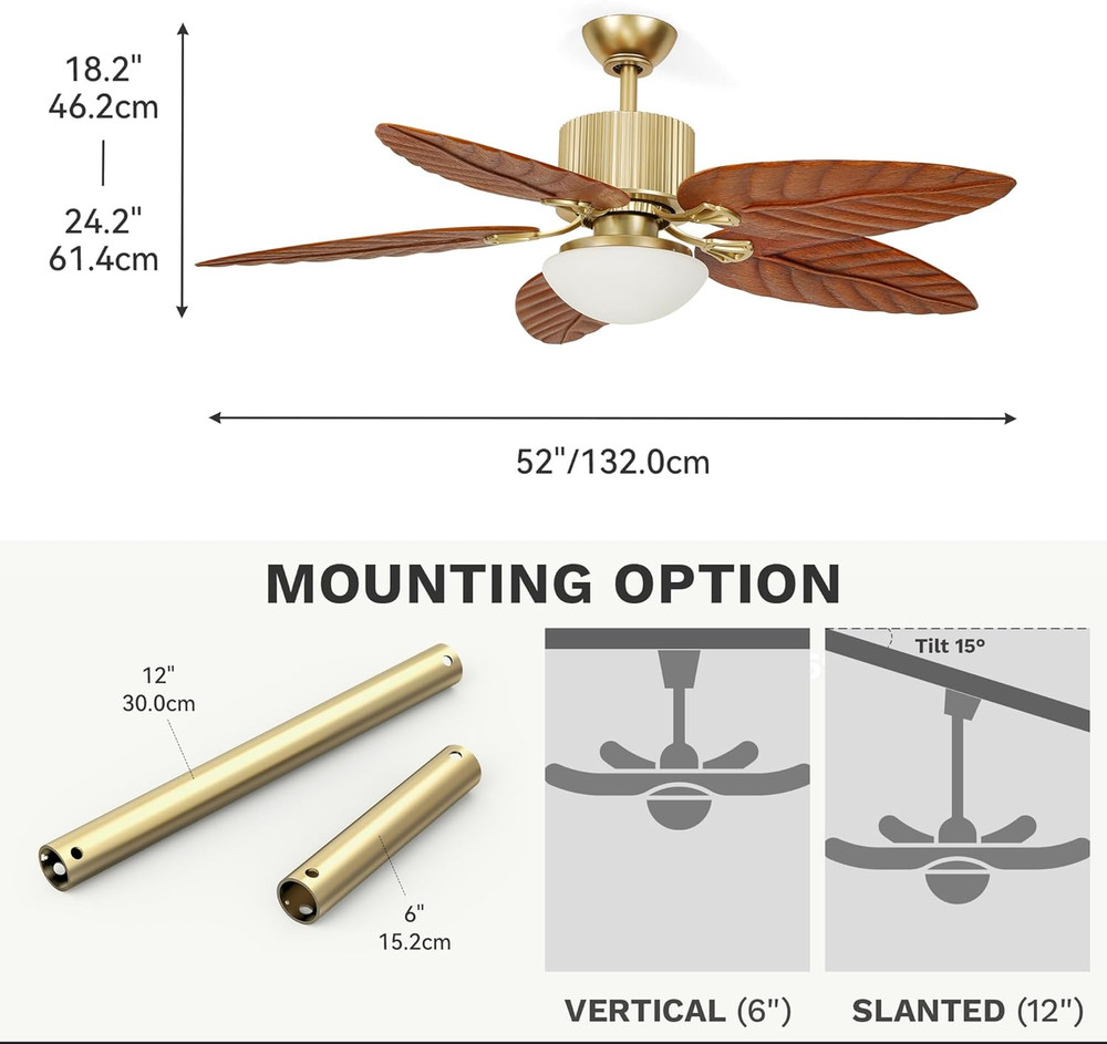 52" Tropical Ceiling Fan with Light & Remote, Adjustable 3-Color Lighting, Quiet