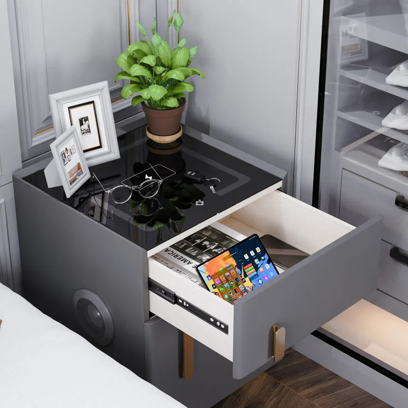 Dark Gray Smart Nightstand | Safe, Wireless Charging, Light & Speaker
