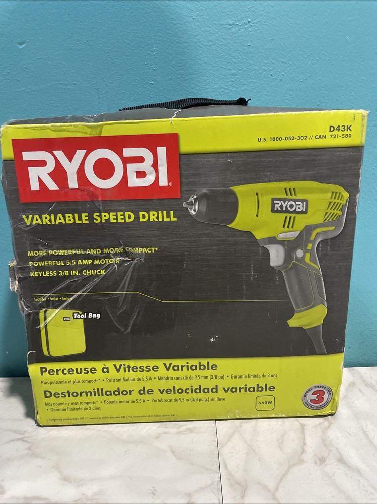 Ryobi Compact Variable Speed Drill 3/8"5.5 Amp Corded Variable Speed Bag D43K