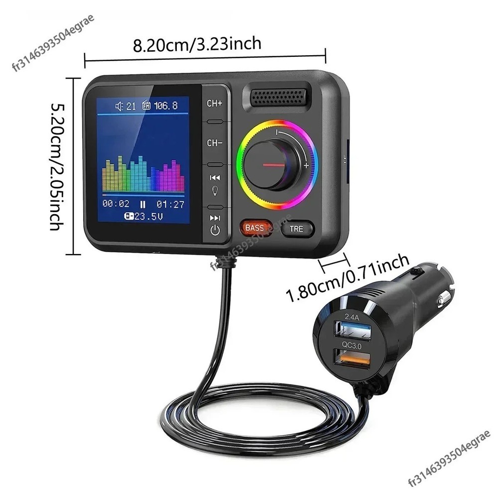 Wireless FM Transmitter with Big Color Screen 2.4A QC3.0 Dual USB Fast Charging