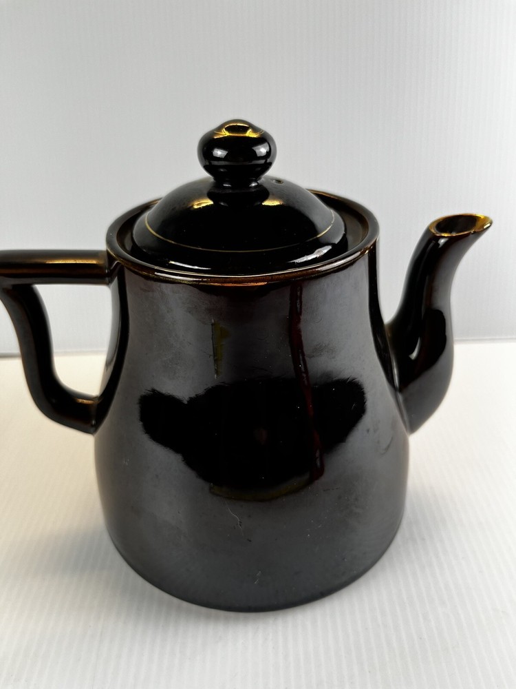 Redware Tea Pot Brown Drip Raised Dots Vintage