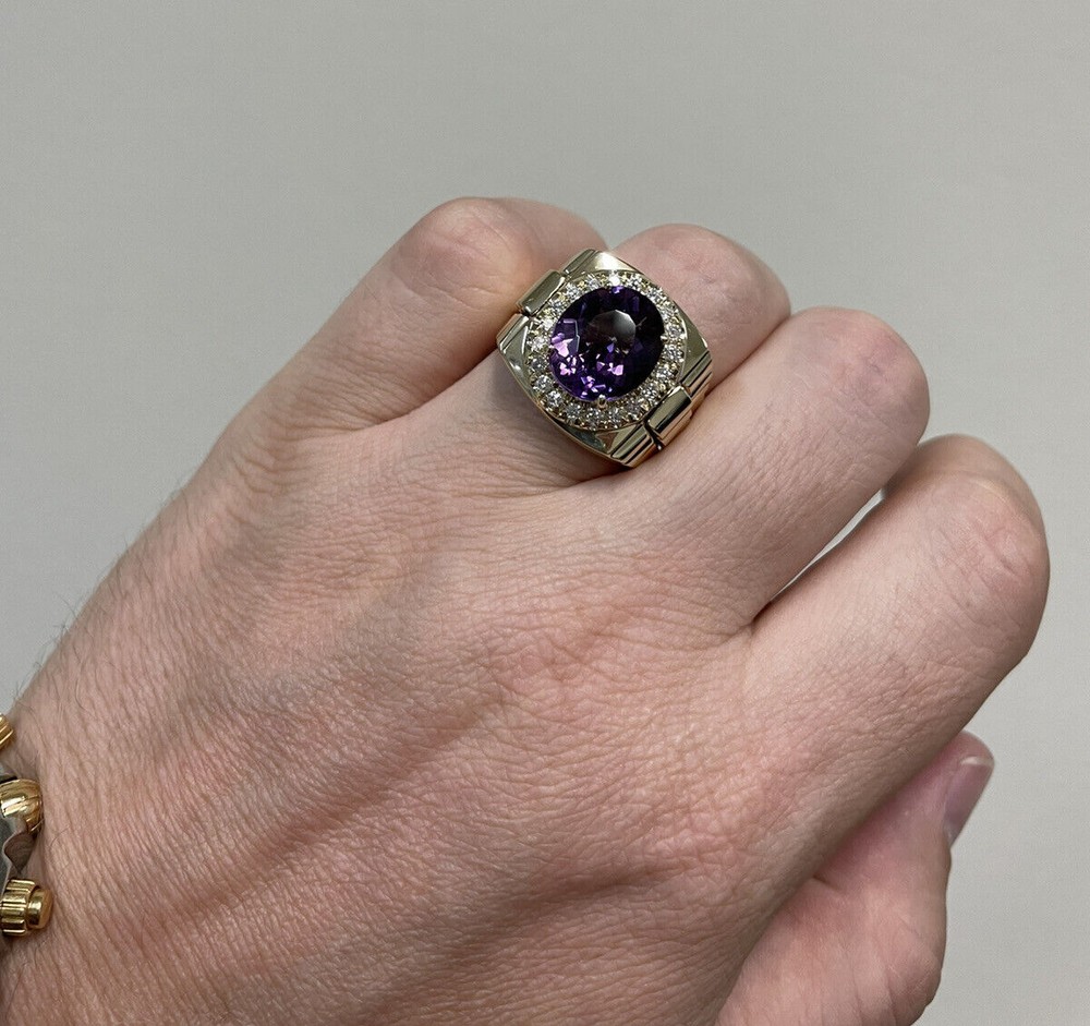Purple Amethyst Diamond Men's Ring 10K Solid Yellow Gold Statement Ring