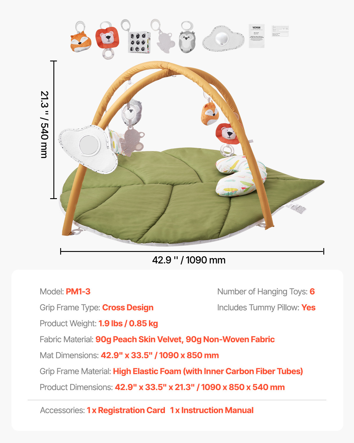 VEVOR Baby Play Gym Mat Tummy Time Activity Mat with 6Sensory Toys 42.9" x 33.5"