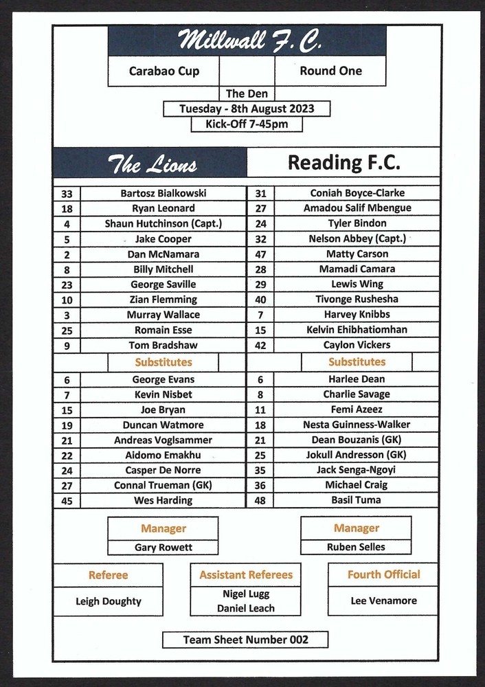 MILLWALL v READING 08.08.23 CARABAO CUP 1st ROUND TEAM SHEET