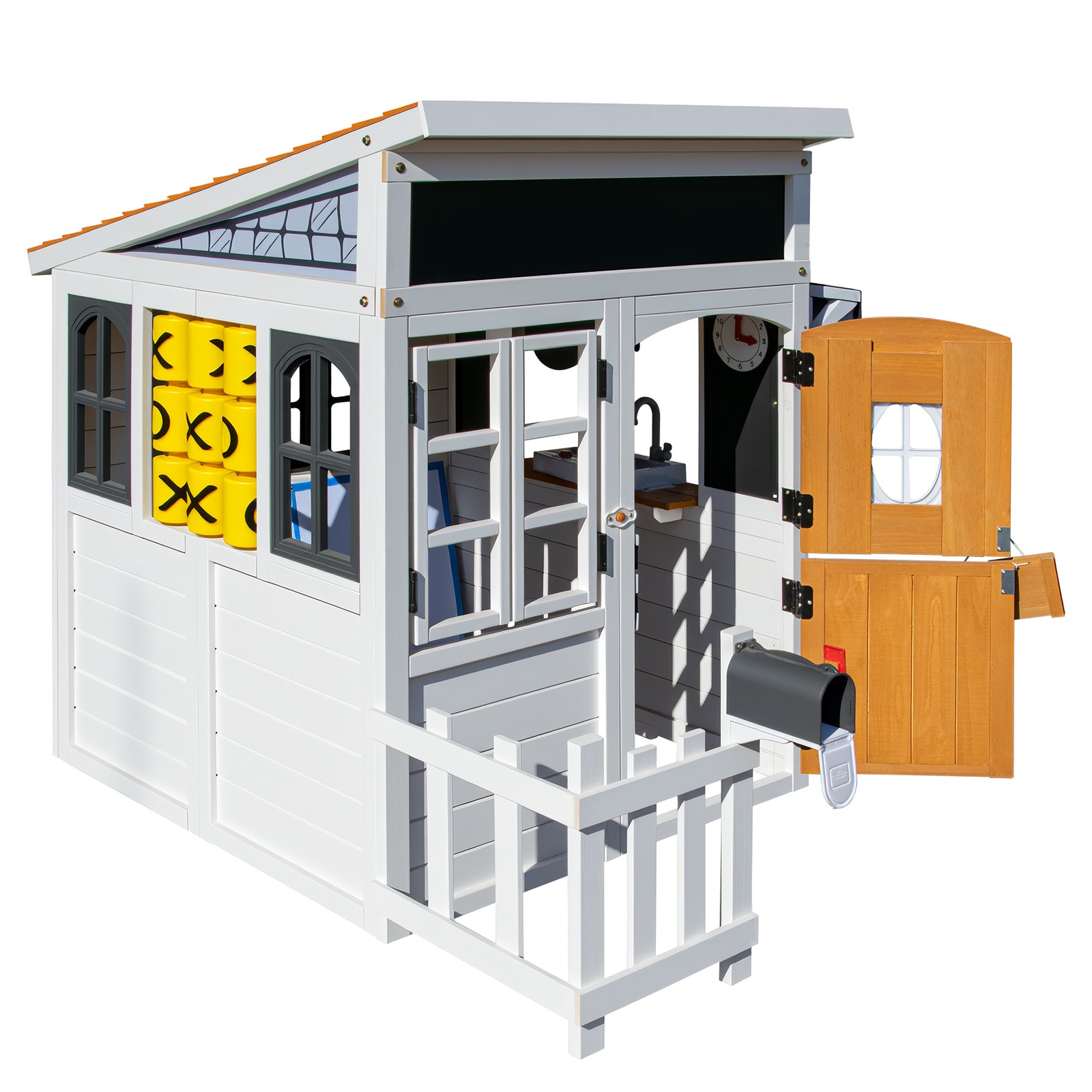 Wooden Kids Playhouse Cottage Play Kitchen,Bench,Mailbox,Tic-Tac-Toe,Chalkboards